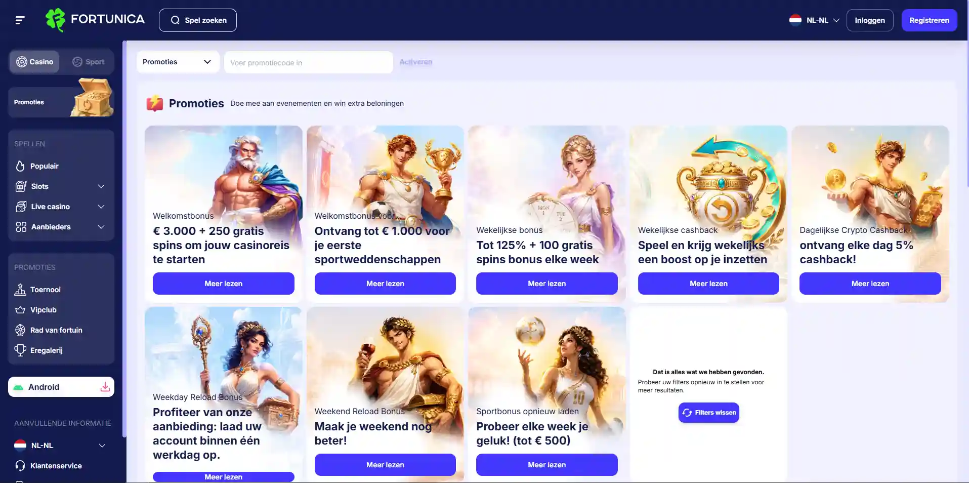 Actuele Fortunica promotiepagina met beschikbare bonuscategorieen