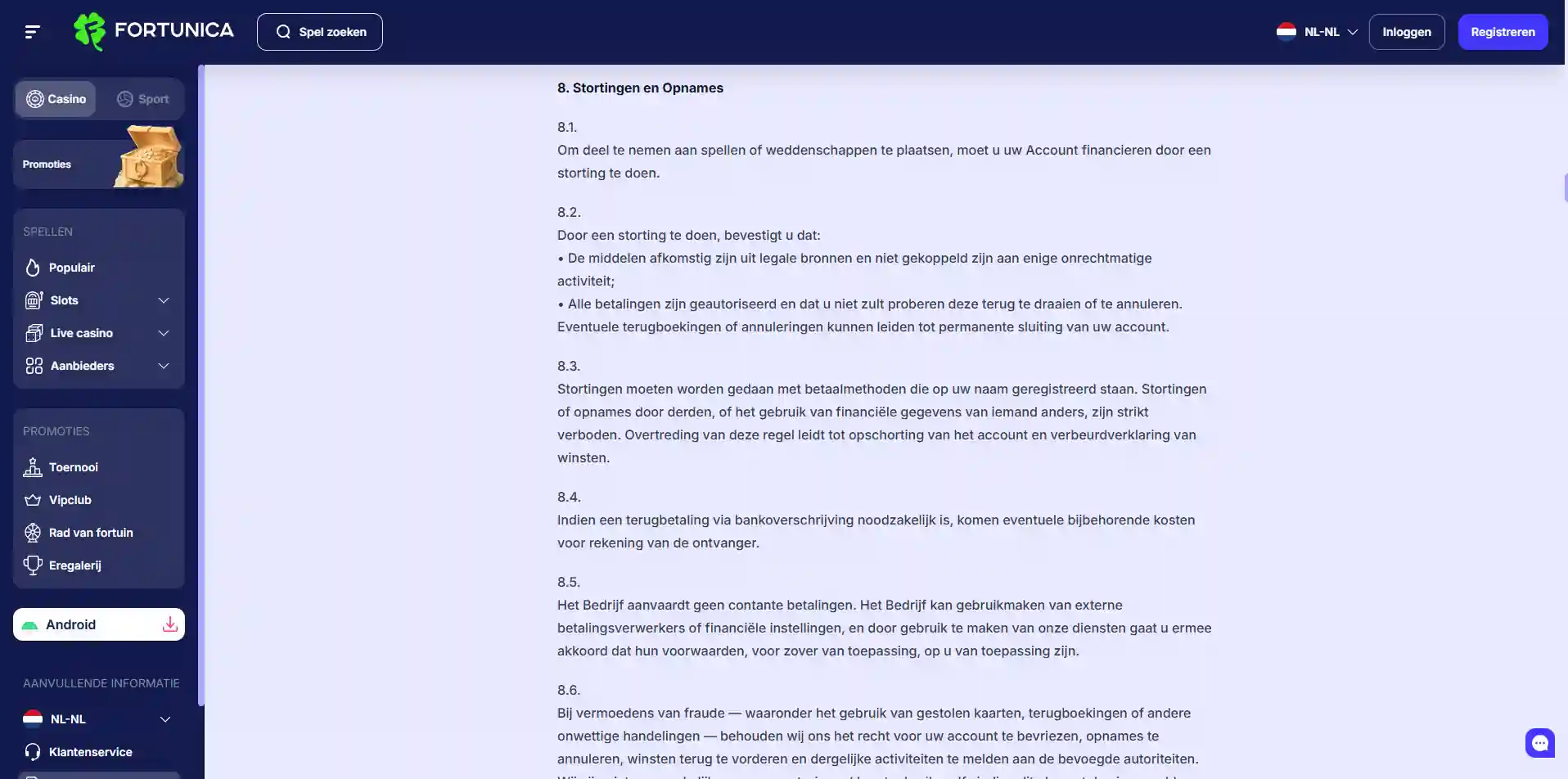 Actuele Fortunica voorwaarden met de sectie over uitbetalingen, limieten en verwerkingstijden