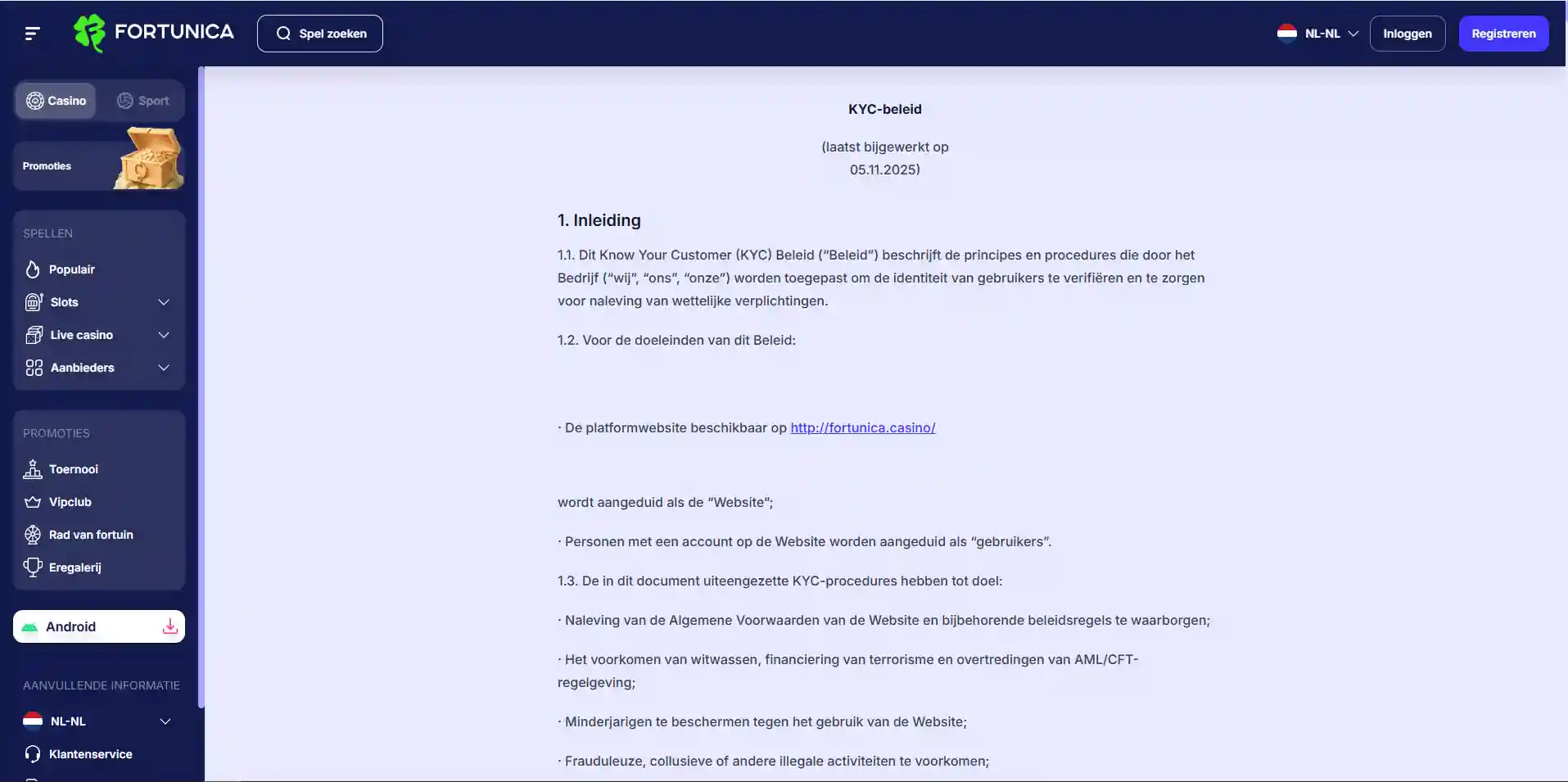 Actuele Fortunica KYC-policy of verificatievoorwaarden met documentvereisten