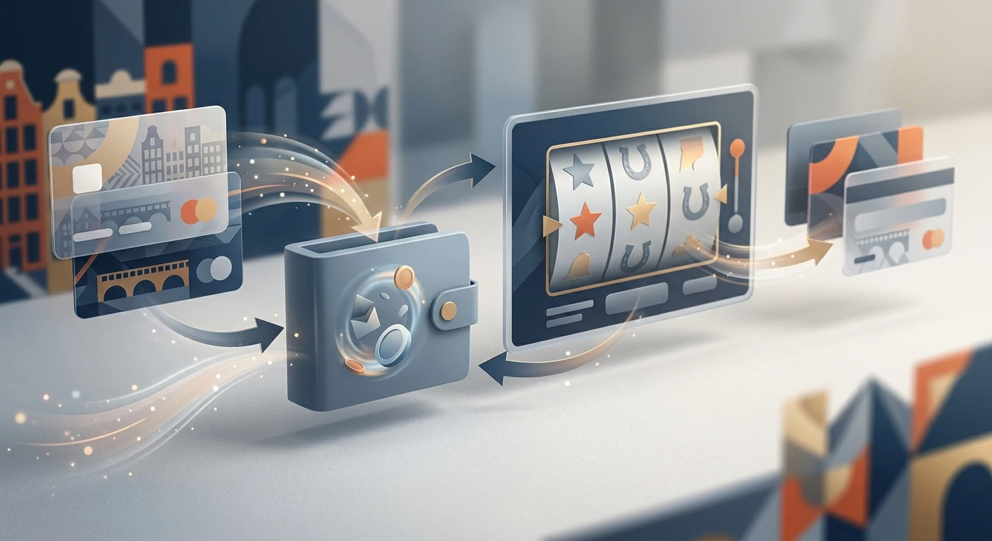 Neutrale illustratie van een betaalstroom van storting naar casinosaldo en vervolgens opname